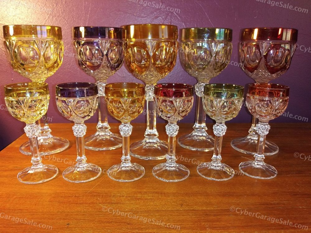 11 Piece Vintage Bohemian Crystal Wine Glasses or Goblets and Cordial Liquor Stemware Set