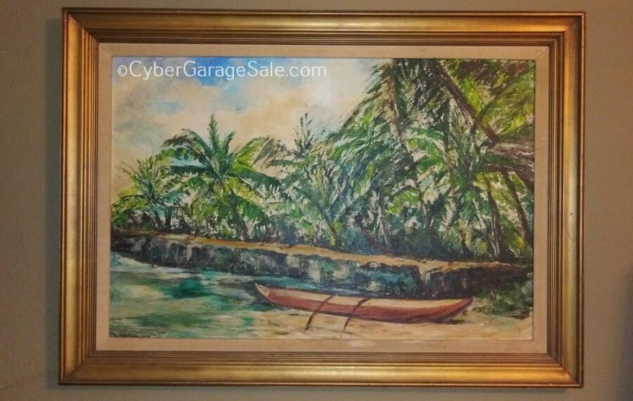 Framed Vintage Oil Painting, Hawaiian Beach, Kayak