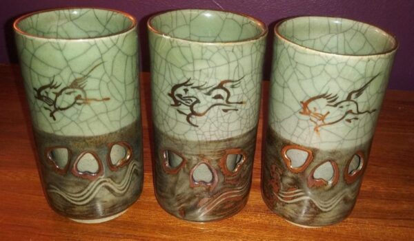 3 tall Somayaki Ware Cups or Glasses Made in Japan