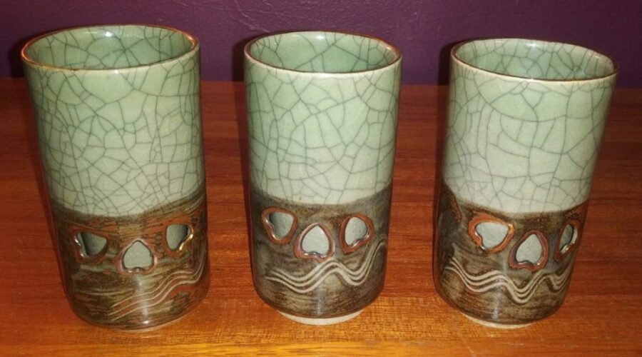 3 tall Somayaki Ware Cups or Glasses Made in Japan